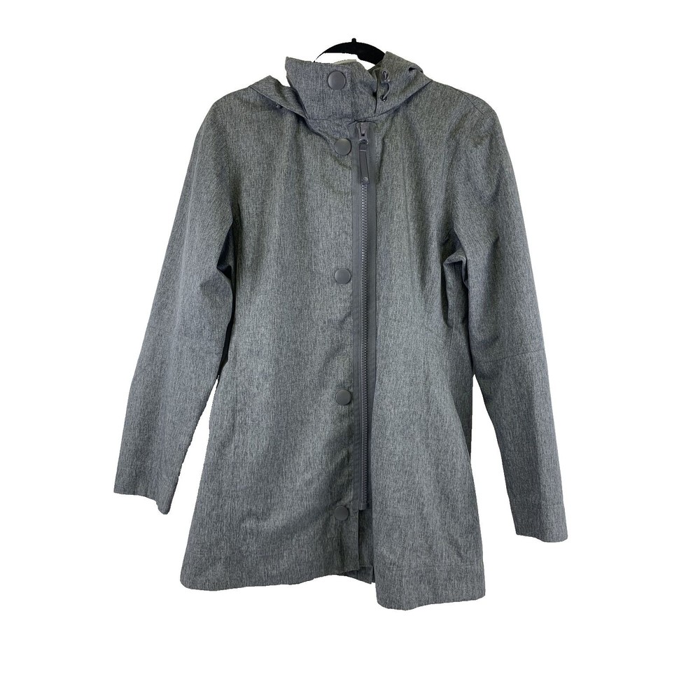 MPG Gray Hooded Raincoat Zip Mid Length Seam Sealed Snap Waterproof Womens Large